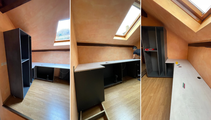 Bureau et rangements sur mesure sur un demi-niveau Bureau et rangements sur mesure sur un demi-niveau